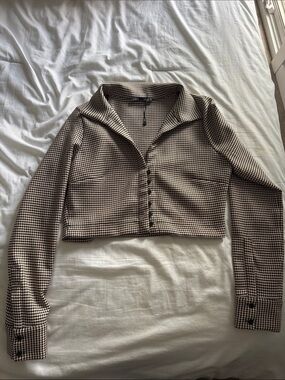 Zara Cropped Houndstooth Button-Down Top - Brown & Black